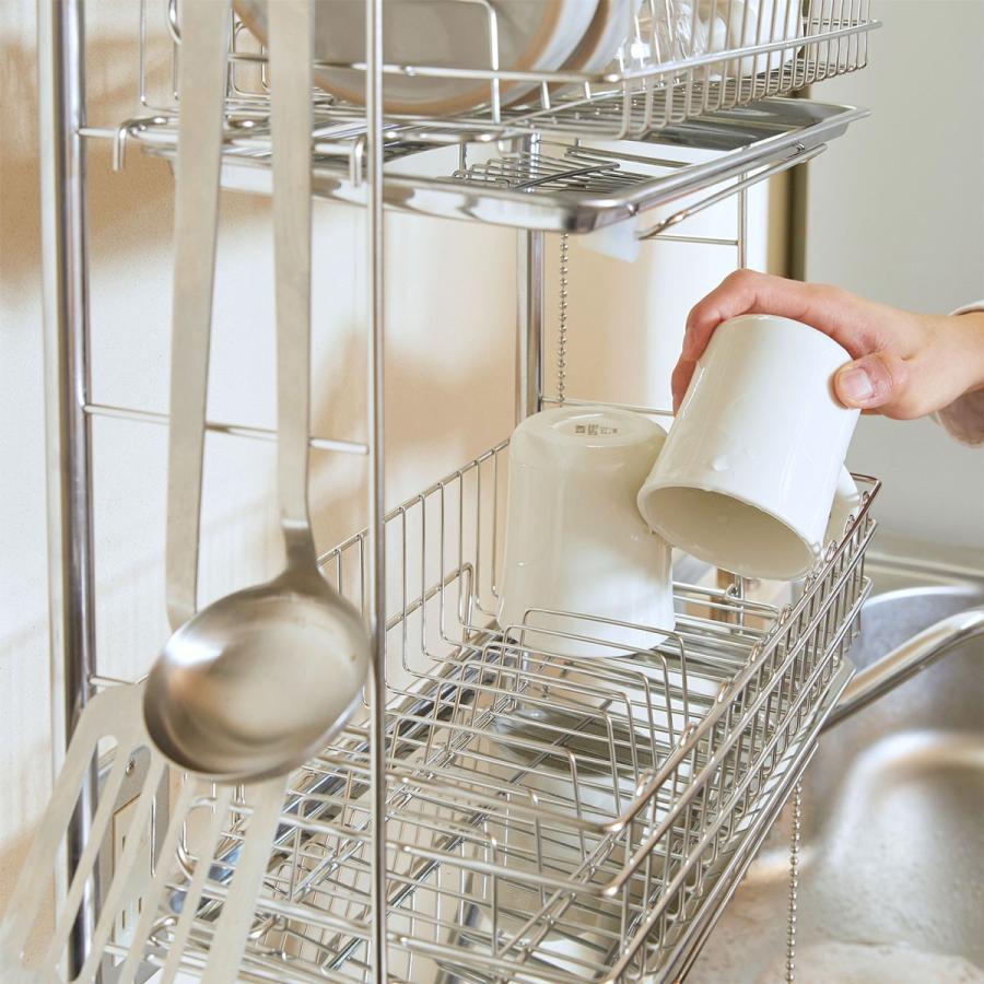 水切り かご 突っ張り ラック シンク上 突っ張り棒 キッチン収納 ステンレス 幅45 5cm 大放出セール Lowya バスケット 伸縮 ロウヤ 日本製 トレー 2段 省スペース