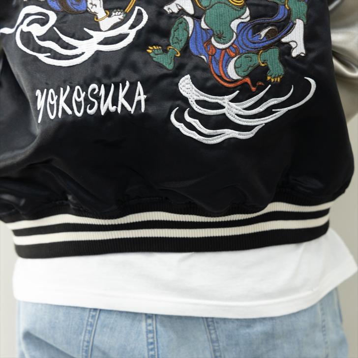 スカジャン メンズ 風神雷神 富士山 JAPAN 日本 刺繍 スリム 黒