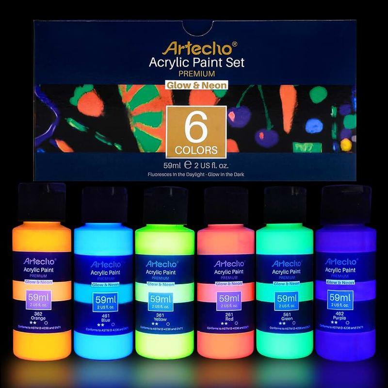 直営店販売 Artecho 暗闇で光るペイント - 6色セット 59ml / 2オンス アクリルペイント ハロウィンデコレーション用 アートペインティン
