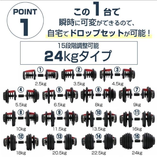 ダンベル 可変式 24kg 1個 可変式ダンベル 24kg 多機能 15段階調節 アジャスタブルダンベル 鉄アレイ_5