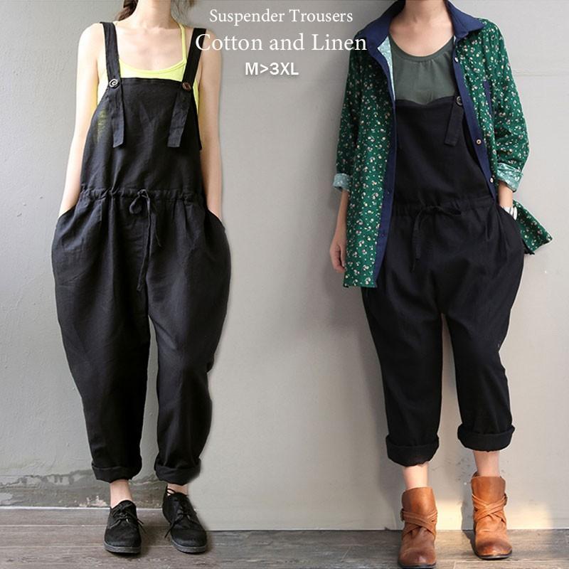 サロペット レディース 春夏 綿麻混 ボトムス コットンリネン ゆったり オールインワン 大きいサイズ 無地 黒 ブラック 40代 Cbot099 L Star 通販 Yahoo ショッピング