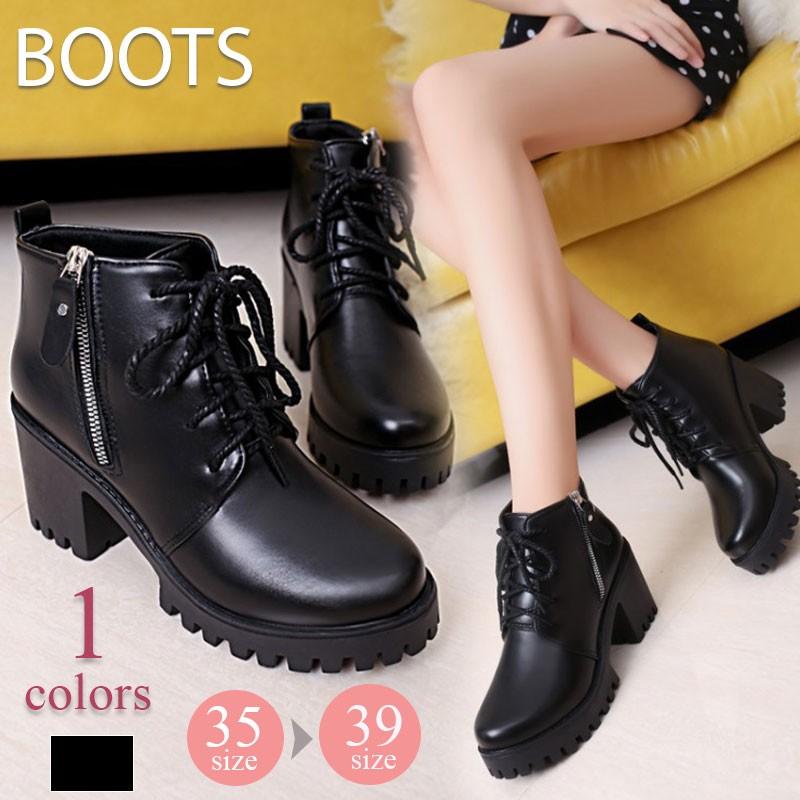 ブーツ レディース レースアップ 太めヒール ファスナー ショートブーツ ワークヒール シューズ 編み上げブーツ 黒 ブラック Cggx169 L Star 通販 Yahoo ショッピング