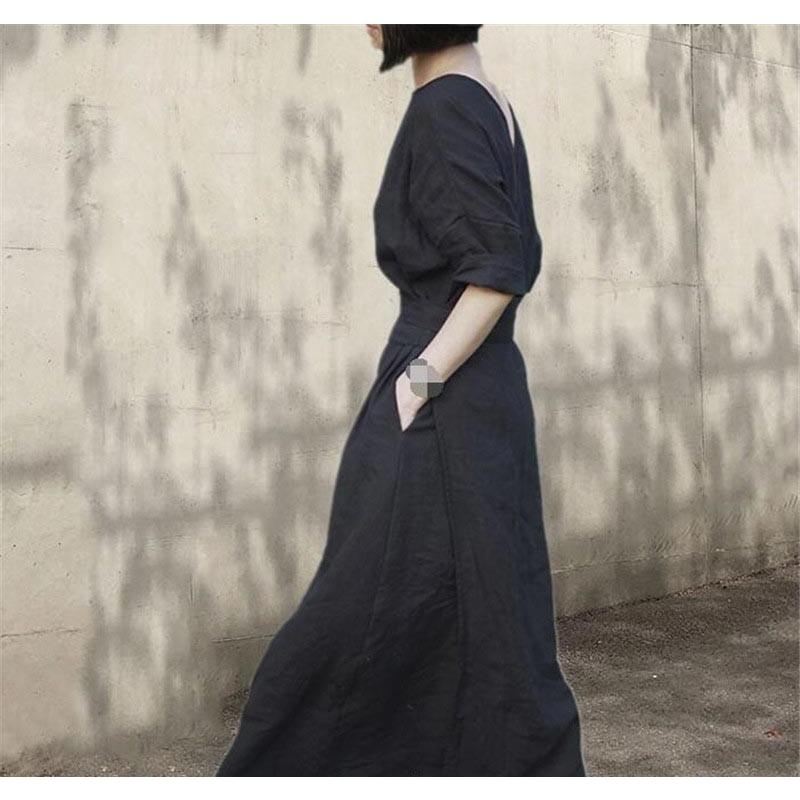 ワンピース レディース ロングワンピース 夏 リネン 麻 体型カバー Aラインワンピース バックvネック 5分袖 ウエストリボ ン ブラック 黒 30代 40代 50代 無地 Clyq493 L Star 通販 Yahoo ショッピング