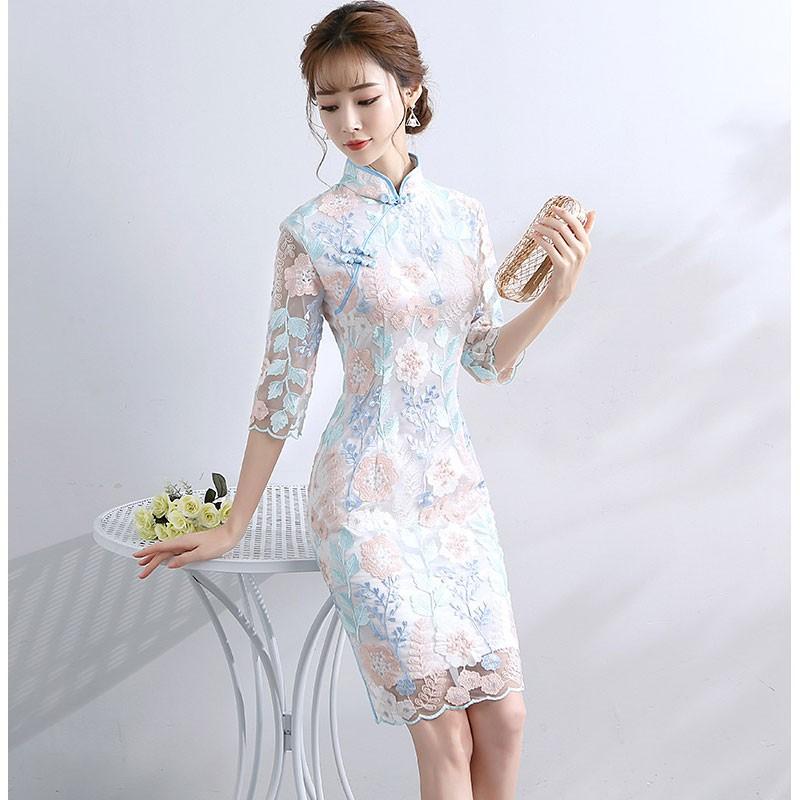 チャイナ風ワンピース チャイナドレス 中国風 刺繍 レース ミニ丈 