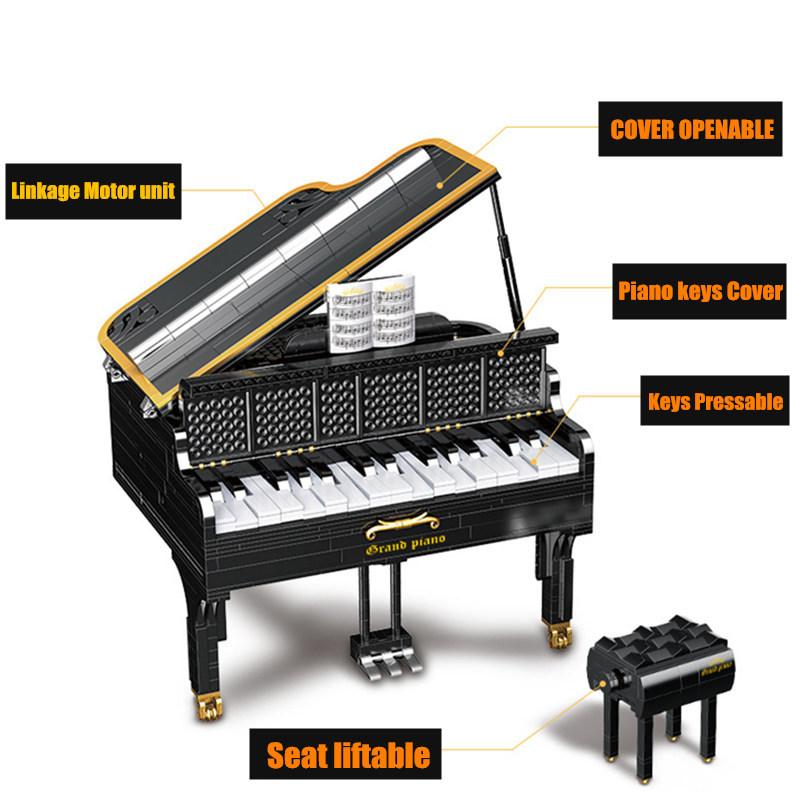 レゴ互換品 グランドピアノ Bluetooth スマホアプリ制御で自動再生可能 リンケージモーター付属 鍵盤自動可動 幅30cm 2436ピース