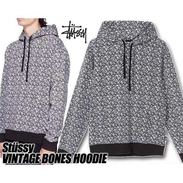 ステューシー パーカー STUSSY VINTAGE BONES HOODIE WHITE 118330 ヴィンテージ フーディー スウェット フード スカル 骸骨 総柄　｜ltd-online