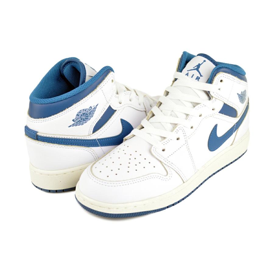 ナイキ エアジョーダン 1 ミッド SE GS ホワイト インダストリアルブルー セイル NIKE AIR JORDAN 1 MID SE(GS) wht/industrial blue-sail fn7432-141の画像