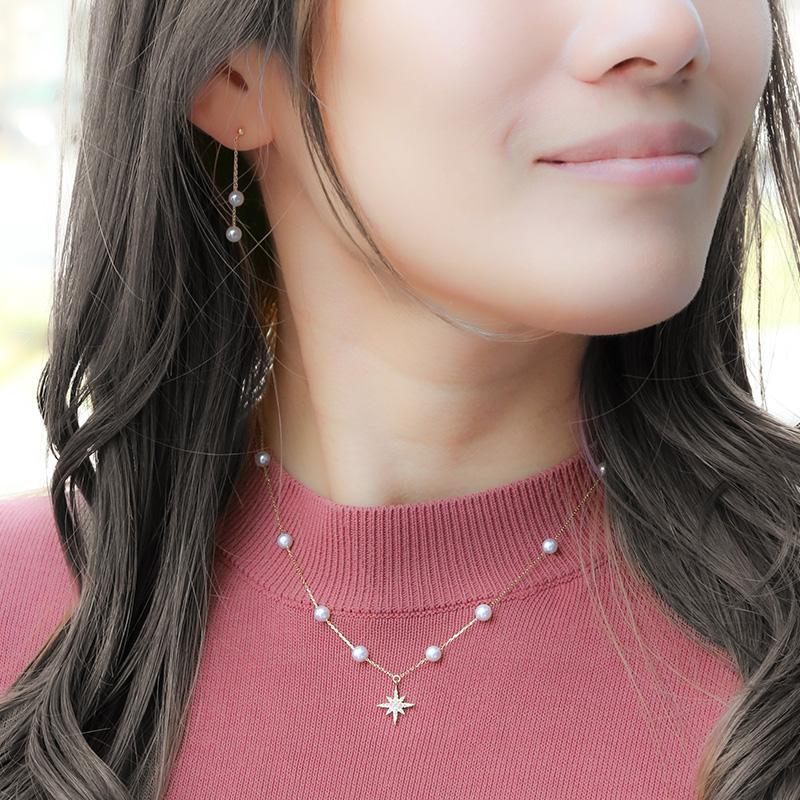 パール ステーションネックレス ダイヤ ロング k18 パールネックレス 18金 18K ロングネックレス 星 カジュアル レディース アクセサリー ゴールド 結婚式の画像