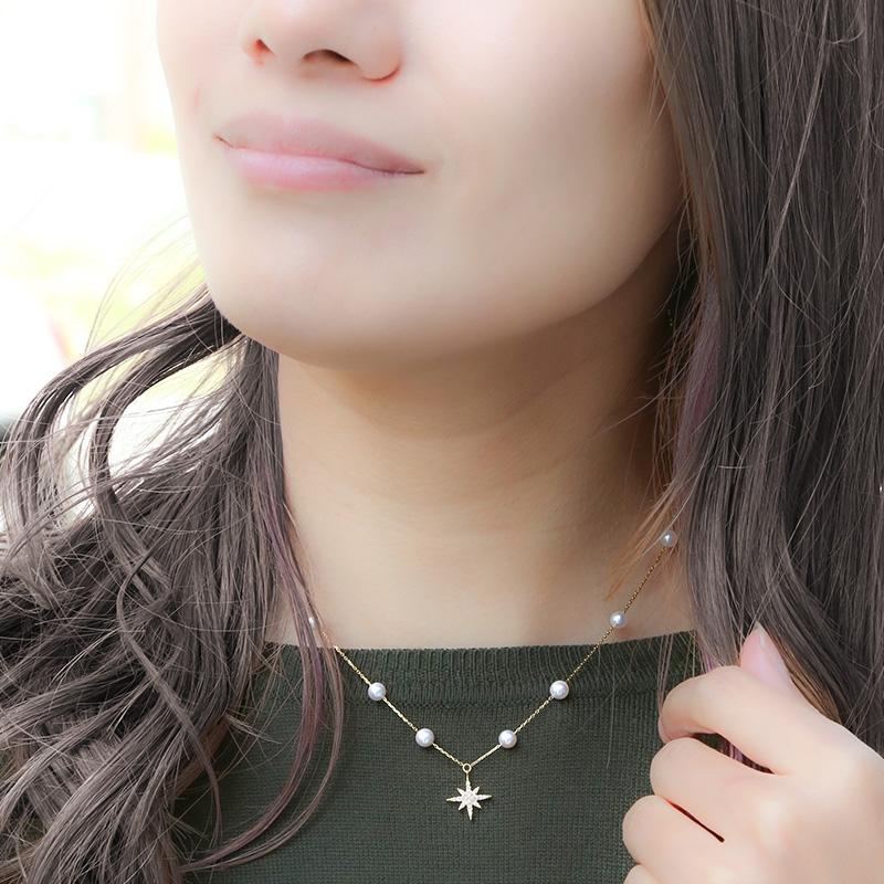 パール ステーションネックレス ダイヤ ロング k18 パールネックレス