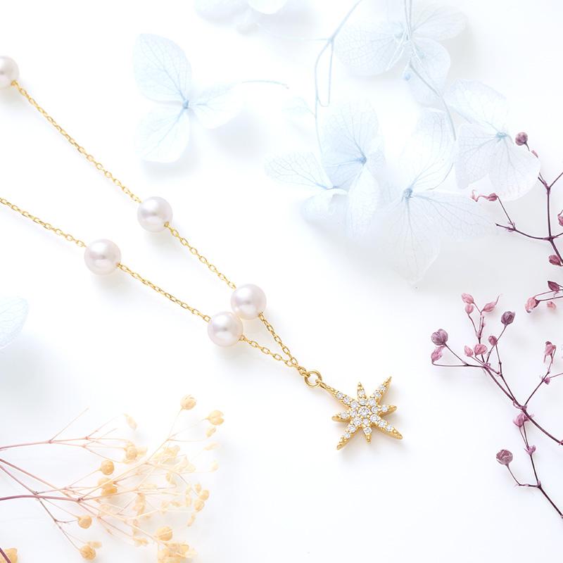 パール ステーションネックレス ダイヤ ロング k18 パールネックレス 18金 18K ロングネックレス 星 カジュアル レディース アクセサリー ゴールド 結婚式の画像