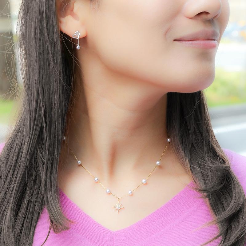 パール ステーションネックレス ダイヤ ロング k18 パールネックレス 18金 18K ロングネックレス 星 カジュアル レディース アクセサリー ゴールド 結婚式の画像