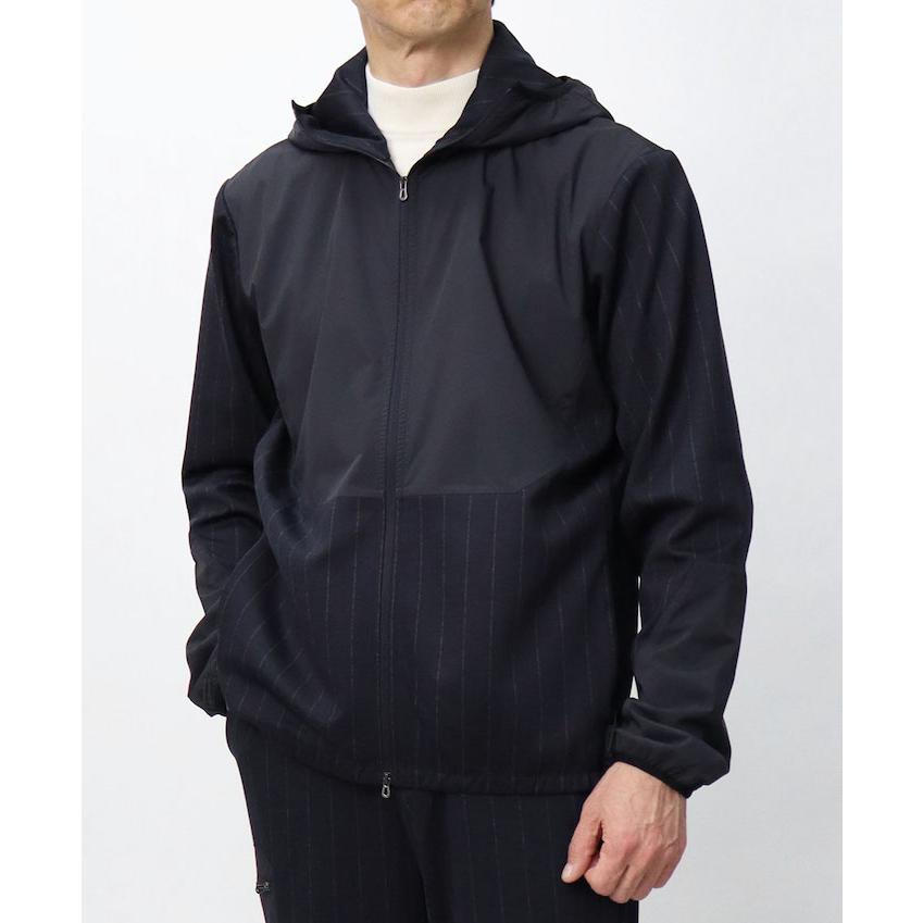 シーズ / SEASE / ZIPPED HOODIE HYBRID / ストライプウールジャージー / 異素材切り替えハイブリッド / パーカーブルゾン / 返品・交換可能の画像