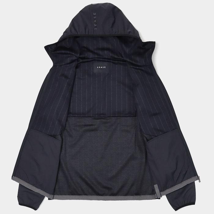 シーズ / SEASE / ZIPPED HOODIE HYBRID / ストライプウールジャージー / 異素材切り替えハイブリッド / パーカーブルゾン / 返品・交換可能の画像