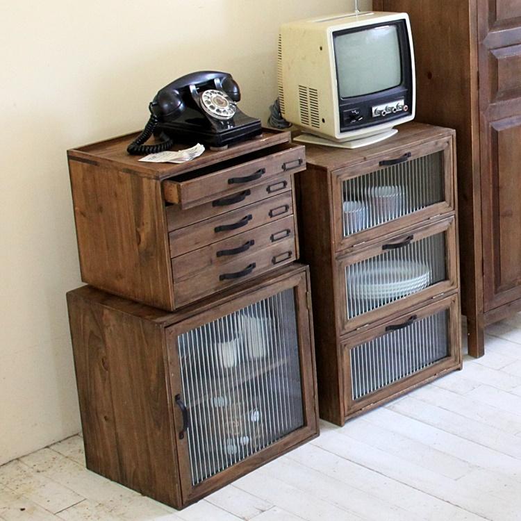 フラップチェスト キャビネット/ガラス 扉付き 3段/幅40 奥行30 高さ