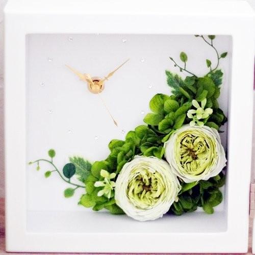 海外並行輸入正規品大特価 Eclaire Flower Designプリザーブドフラワーピクチャークロック グリーン フラワー時計 フォトフレームお祝い記念品高級品市場返品ok