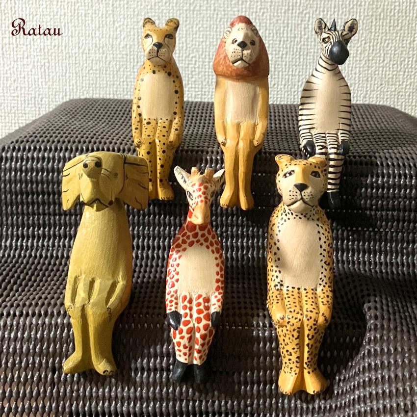 置物 動物オブジェ お座りアニマル ミニサイズ 6点セット 木彫り