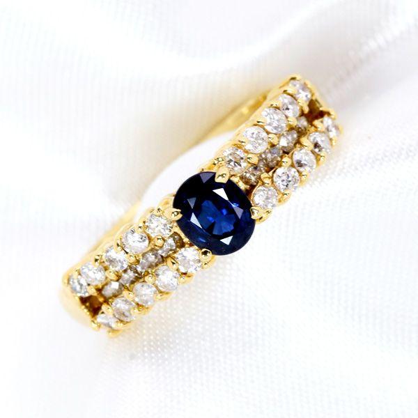 サファイヤ 0.5カラット K18 リング/指輪 シックな紺色ブルー 両サイドのダイヤも華やか /青(ブルー)/中古/届5/ギフト プレゼント