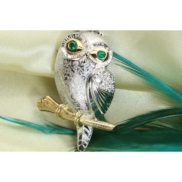 梟モチーフ エメラルド ブローチ兼ペントップ 0.17ct プラチナ 18金 