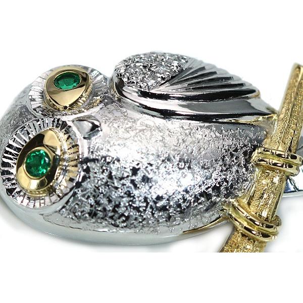 梟モチーフ エメラルド ブローチ兼ペントップ 0.17ct プラチナ 18金 