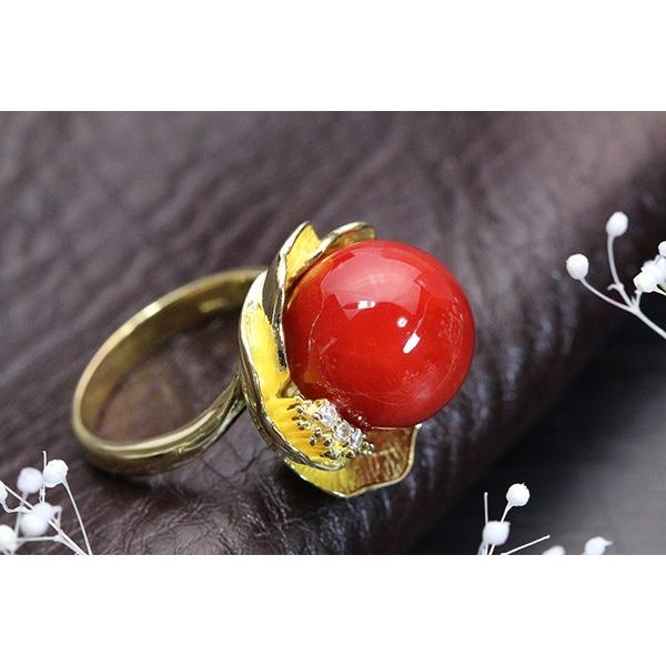 血赤色 サンゴ/珊瑚 リング/指輪 13.9mm 18金イエローゴールド K18 丸 