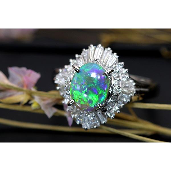 ブラックオパール リング pt900 遊色 ダイヤ 蛍光色斑 多彩(マルチ)