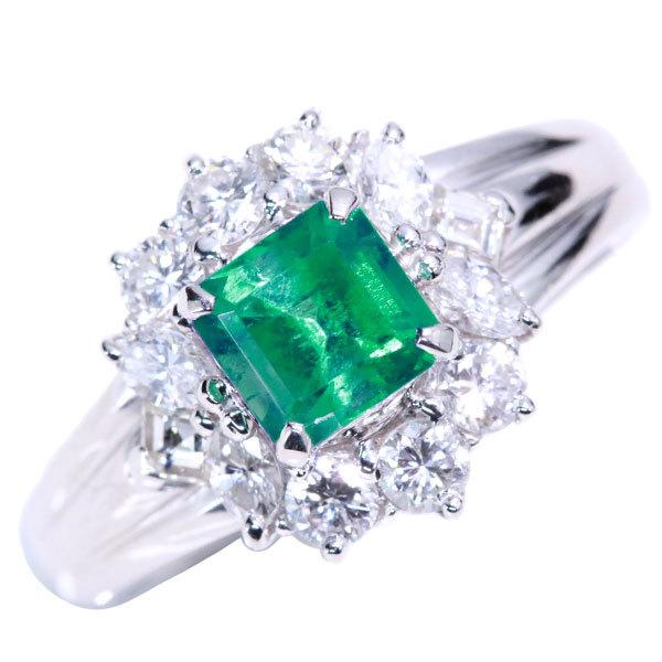 A】【中古】Pt900 天然 エメラルド ダイヤ リング 8.5号 E0.63ct D0 