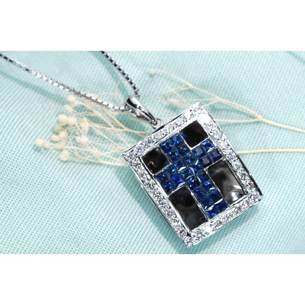 サファイヤ ネックレス 0.75ct K18WG ミステリー・セッティング クロス 