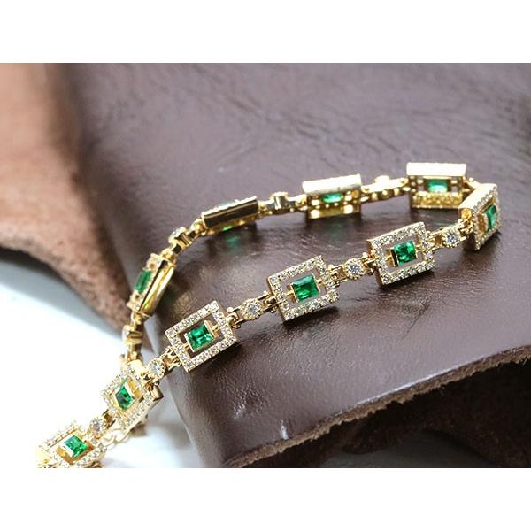 K18YG 天然ダイヤモンドエメラルドブレスレット18金上品