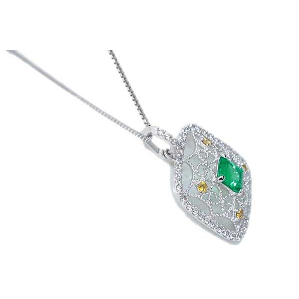 エメラルド ネックレス 0.47ct PT900/PT850 澄んだ青を帯びたグリーン イエローダイアとレースが見事 /緑(グリーン)/セレクトブランド・新品/届10/1点ものの画像