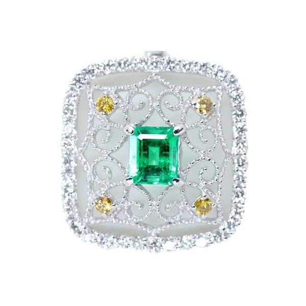 エメラルド ネックレス 0.47ct PT900/PT850 澄んだ青を帯びたグリーン イエローダイアとレースが見事 /緑(グリーン)/セレクトブランド・新品/届10/1点ものの画像