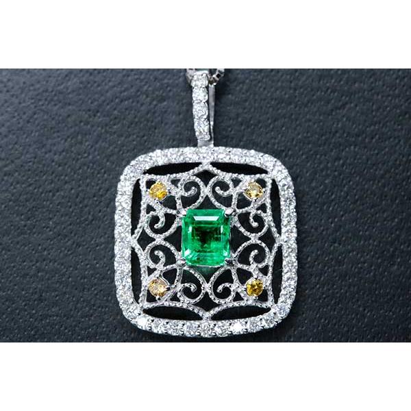 エメラルド ネックレス 0.47ct PT900/PT850 澄んだ青を帯びたグリーン イエローダイアとレースが見事 /緑(グリーン)/セレクトブランド・新品/届10/1点ものの画像