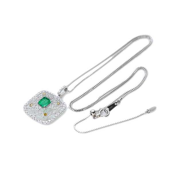 エメラルド ネックレス 0.47ct PT900/PT850 澄んだ青を帯びたグリーン イエローダイアとレースが見事 /緑(グリーン)/セレクトブランド・新品/届10/1点ものの画像