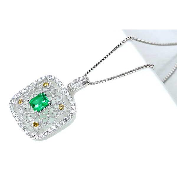 エメラルド ネックレス 0.47ct PT900/PT850 澄んだ青を帯びたグリーン イエローダイアとレースが見事 /緑(グリーン)/セレクトブランド・新品/届10/1点ものの画像