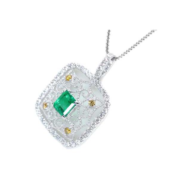 エメラルド ネックレス 0.47ct PT900/PT850 澄んだ青を帯びたグリーン イエローダイアとレースが見事 /緑(グリーン)/セレクトブランド・新品/届10/1点ものの画像