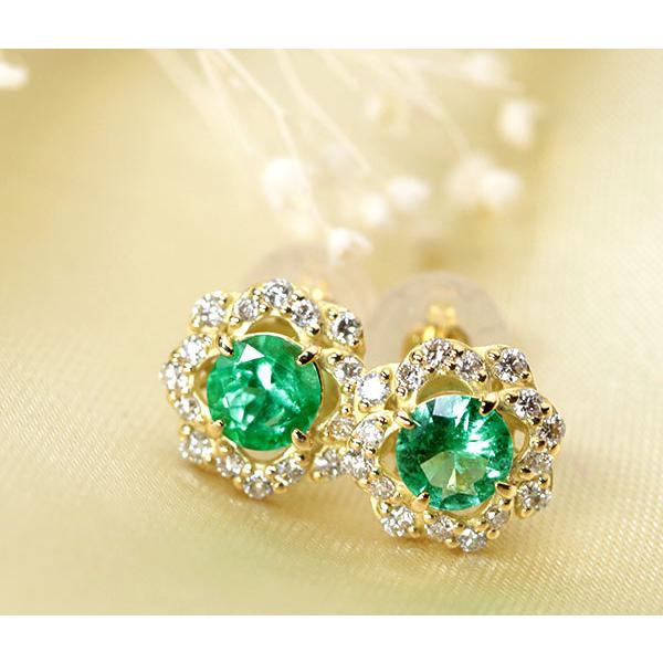 エメラルド ピアス 0.40ct K18 アンティーク調デザイン ミルグレーン