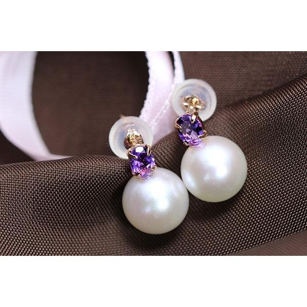 アメジスト×あこや真珠ト ピアス K18PG アメシストが艶めく 一粒パール