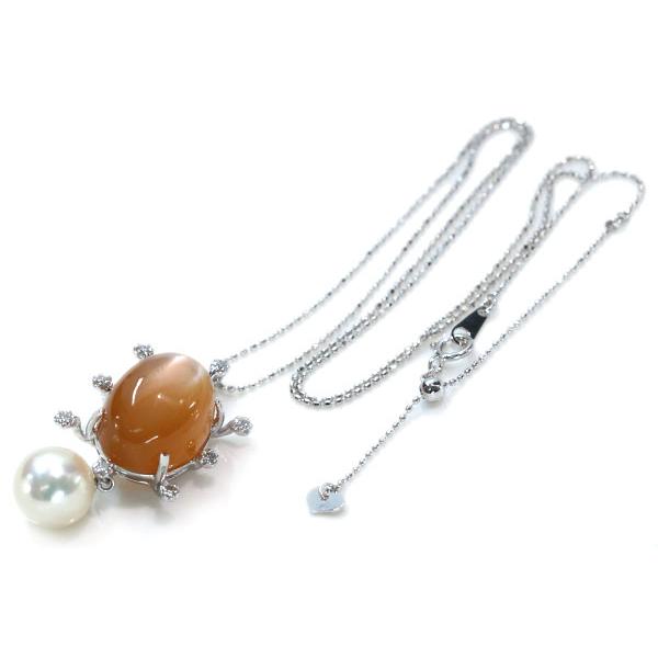 オレンジ ムーンストーンキャッツアイ ネックレス 13.55ct 18金ホワイトゴールド K18WG パール揺れる /橙(オレンジ)/セレクトブランド・新品/届10/1点ものの画像
