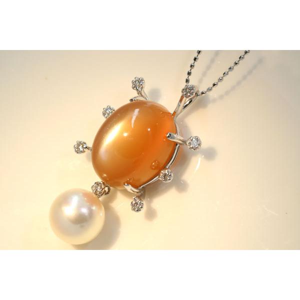 オレンジ ムーンストーンキャッツアイ ネックレス 13.55ct 18金ホワイトゴールド K18WG パール揺れる /橙(オレンジ)/セレクトブランド・新品/届10/1点ものの画像
