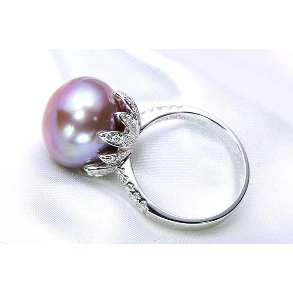 稀少な天然の紫カラー 淡水パール（真珠） 13.5ミリ K18WG リング/指輪
