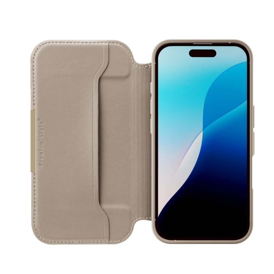 Premium Style 爆買 iPhone 16用 ガラスフリップケース ベージュ手帳型