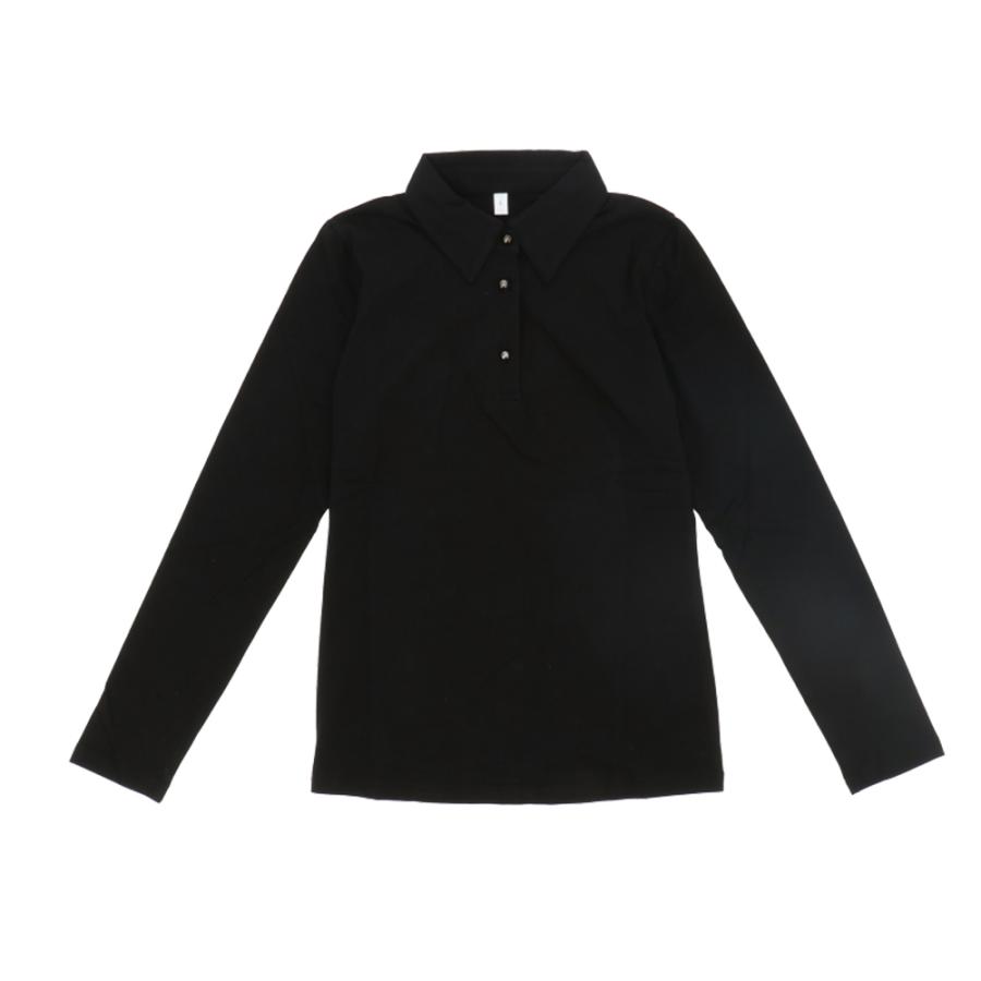 ☆ブラック☆XXLサイズ カットソー レディース vネック トップス 春 シャツ オフィス tops 白 おしゃれ 襟付き ロンt ボタン付き