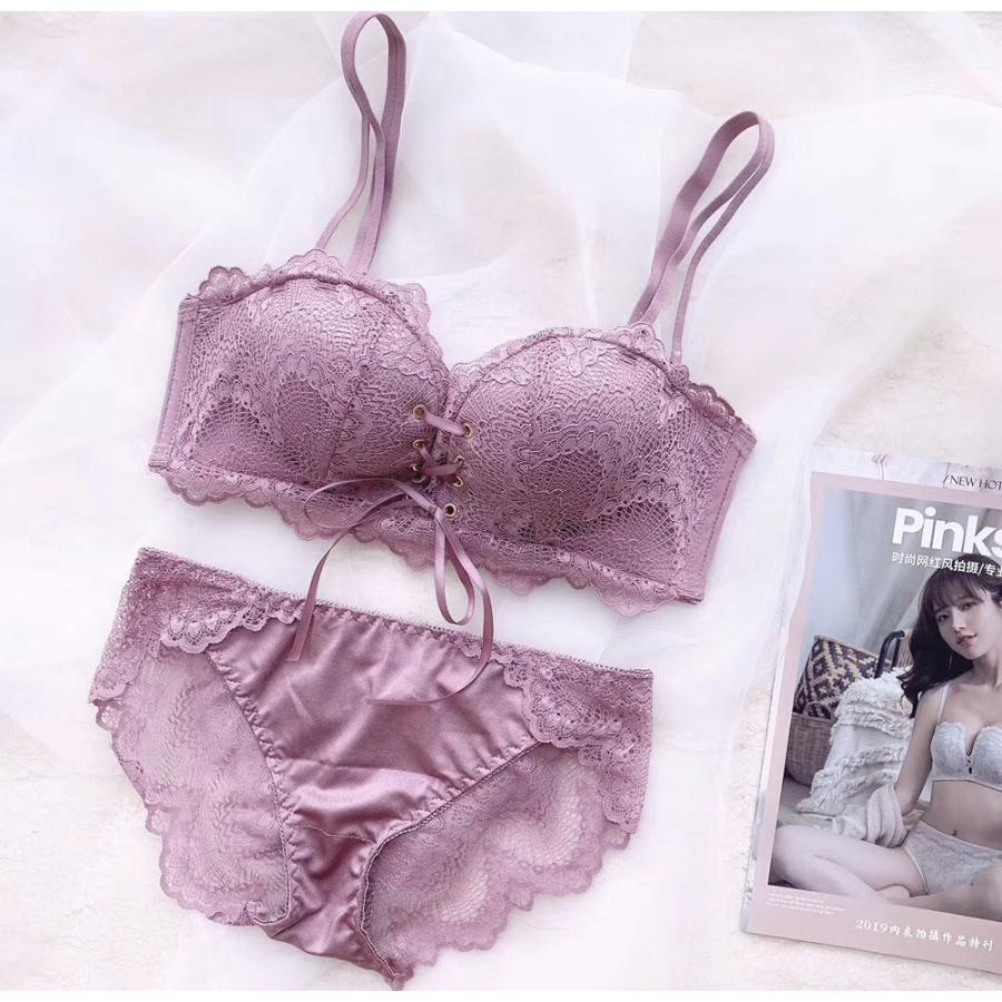 ☆パープル☆Mサイズ （34/75） ブラジャー ショーツ セット ノンワイヤー 大きいサイズ 下着 レディース セクシー かわいい 上下