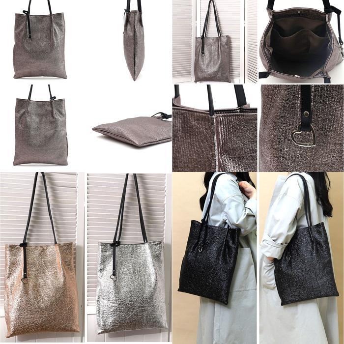 ☆ シルバー cooco メタリックツマミハンドルフラットトートバッグ