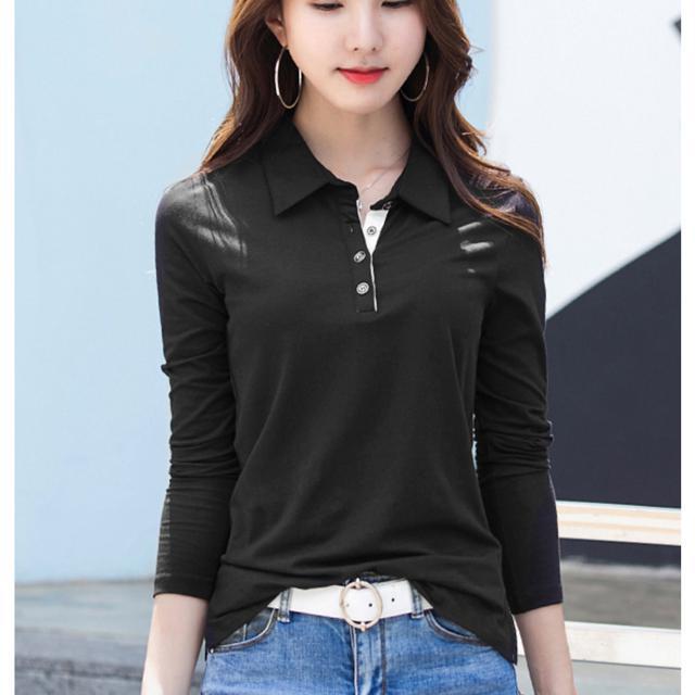 ☆ブラック☆2XLサイズ ポロシャツ レディース 長袖 春 秋 シャツ 襟付き 無地 大きいサイズ 大人 かわいい オフィス ビジネス き