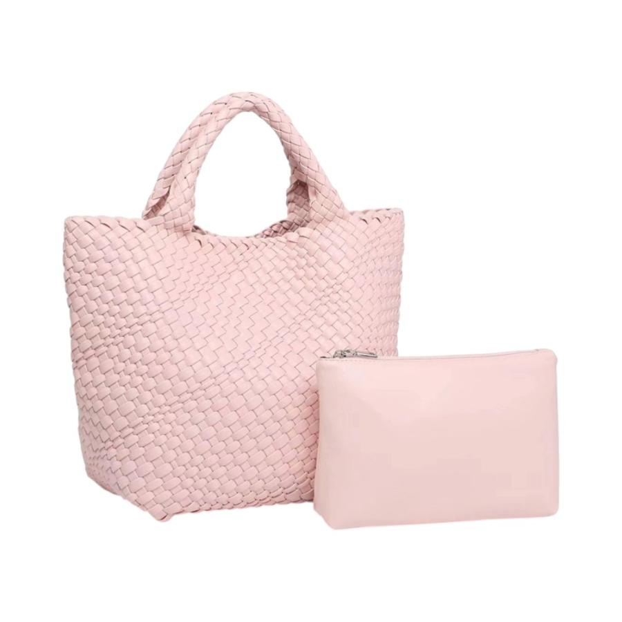 ピンク メッシュ編み トートバッグ ロゴ付き ☆ ピンク トートバッグ 編み込み メッシュ ポーチ付き おしゃれ 大