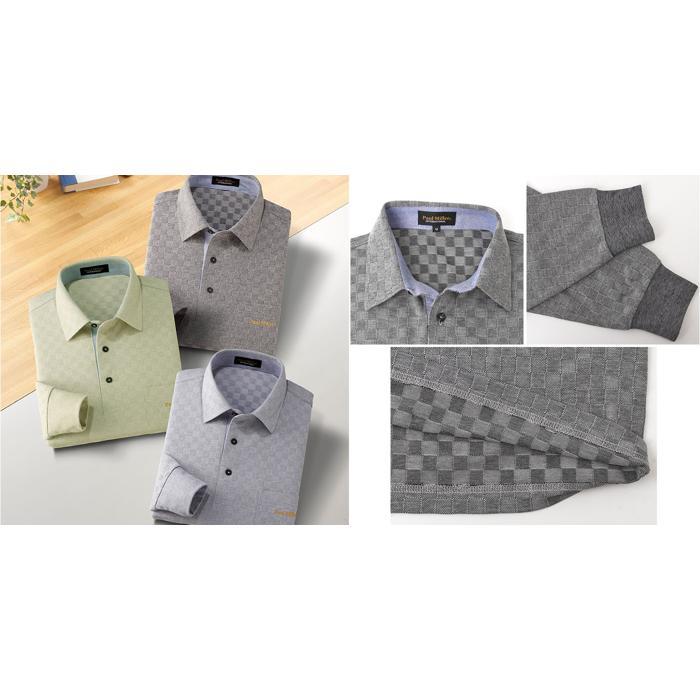 ☆ 市松柄/グレー Mサイズ 長袖ニットポロシャツ ポールミラー