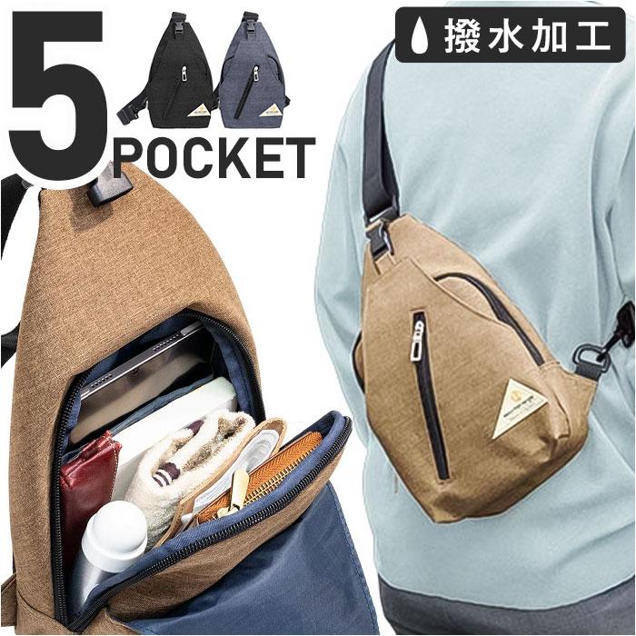 アートバッグ 3連ポケット グレー ボディバッグ ジッパー付 ワンショルダー ☆ グレー Mountain Range マウンテンレンジ 撥水5ポケット ボディ