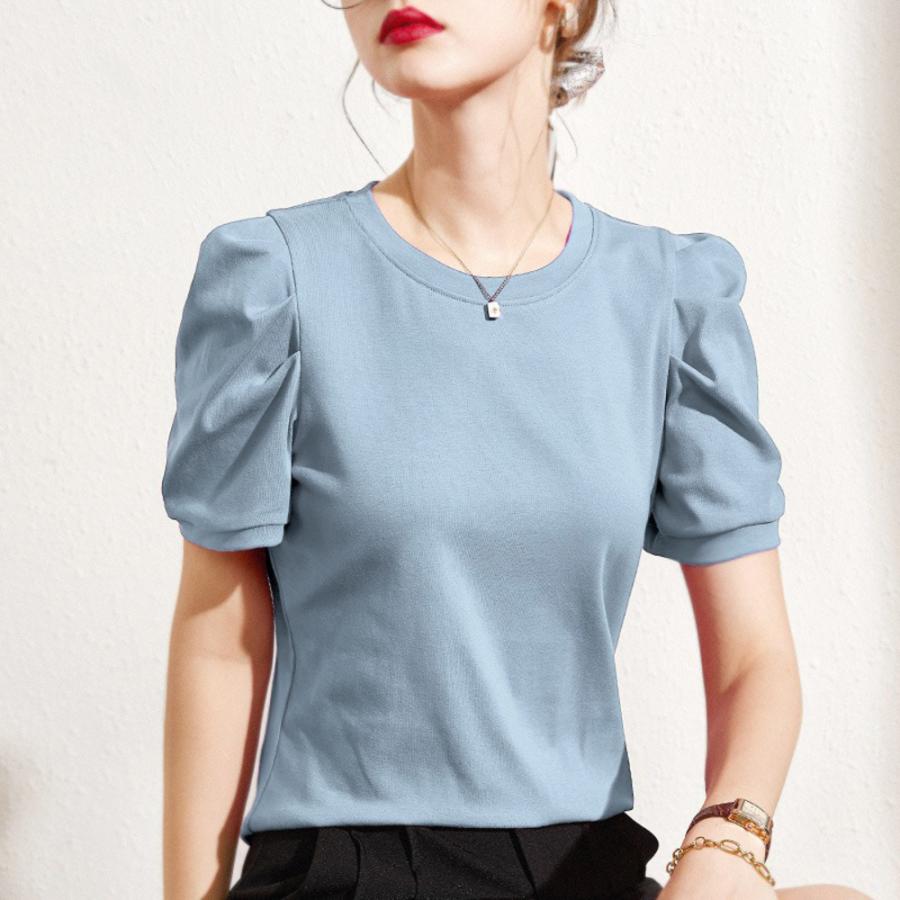 ☆ブルー☆XLサイズ カットソー 半袖 レディース きれいめ tシャツ シャツ パフスリーブtシャツ トップス 無地 ゆったり カジュア