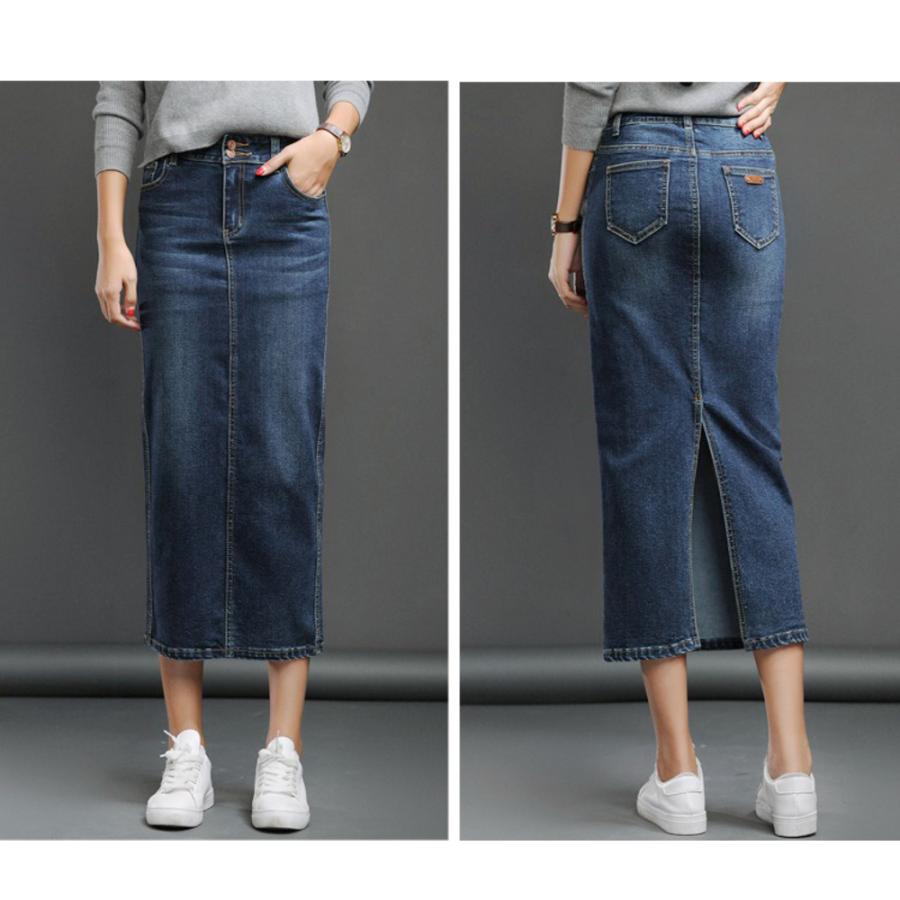 ☆ネイビー☆Mサイズ デニムスカート ロング マキシ丈 デニムロングスカート スリットスカート タイトスカート ペンシルスカート