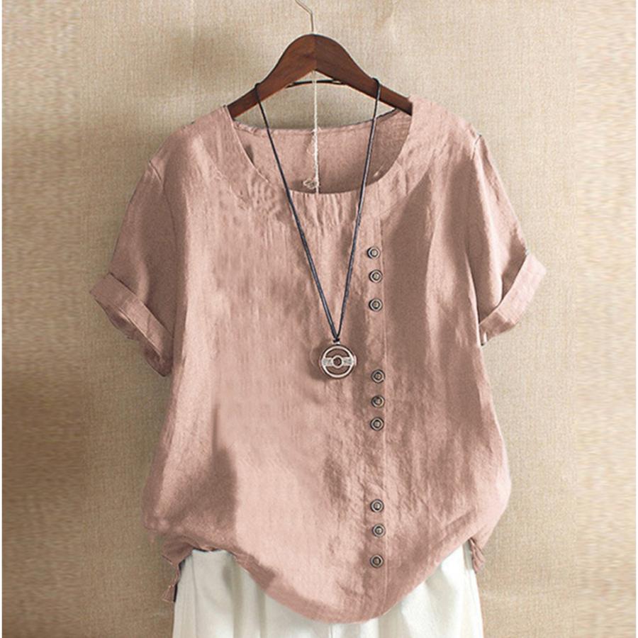 ☆ピンク☆Mサイズ シャツ ブラウス 半袖 レディース コットン リネン 綿麻混 シャツブラウス 夏用 春夏 おしゃれ トップス 無地